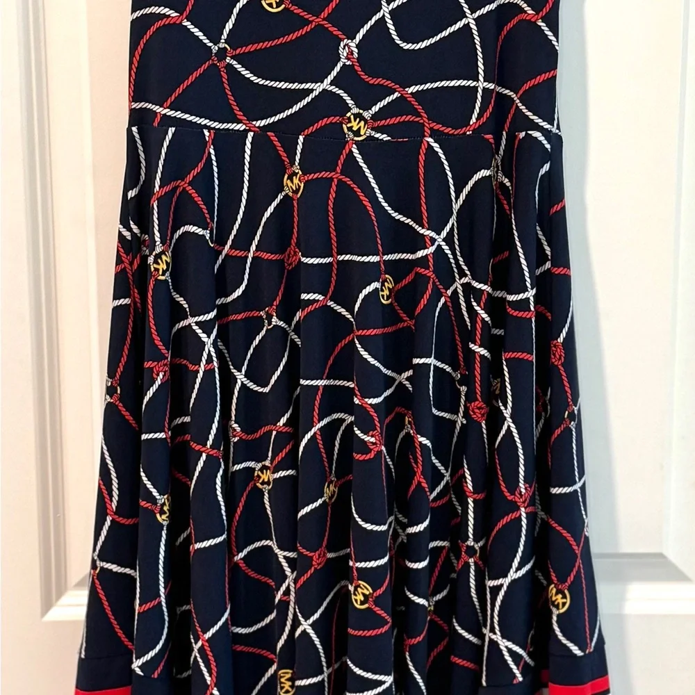 Michael Michael Kors Rope Print Handkerchief Hem Sleeveless Dress Navy Red XSP